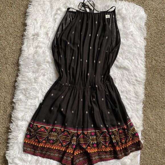 H&M Coachella Shorts Romper Black Aztec Elastic Waist Tie Neck Pockets Viscose 8 - Picture 2 of 11